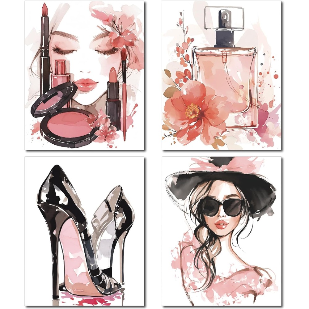 Fashion Women Picture - 4Pcs Pink Makeup Wall Art Prints