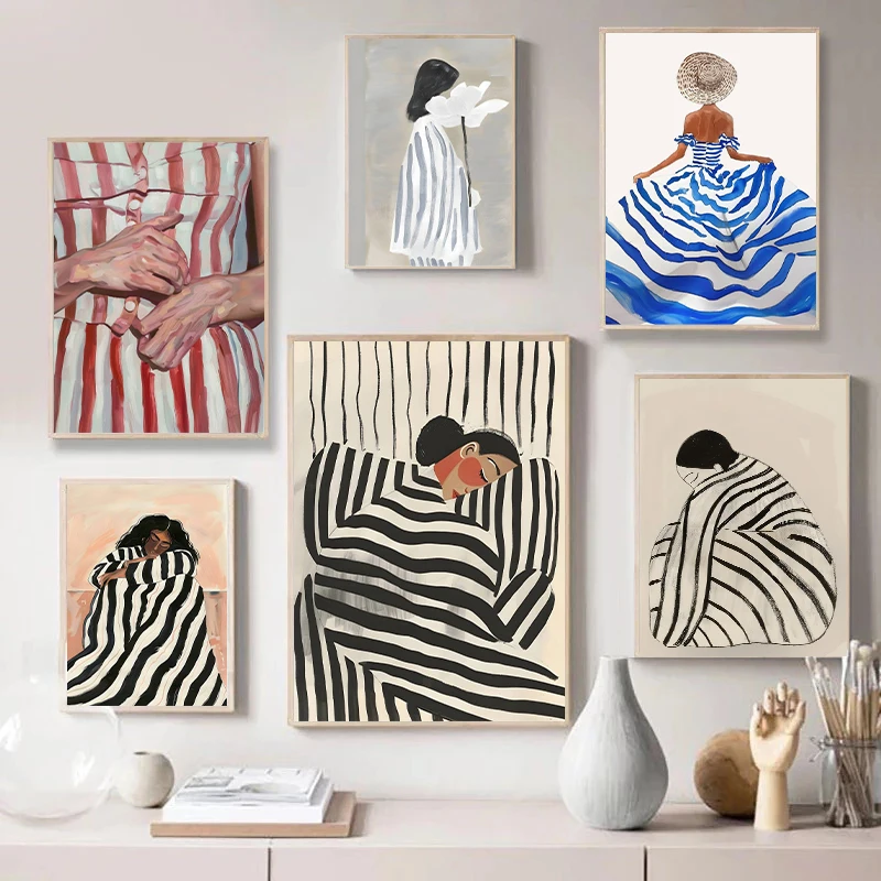 Women Fashion Drawing - Fashion Abstract Stripe Woman Poster Sleeping