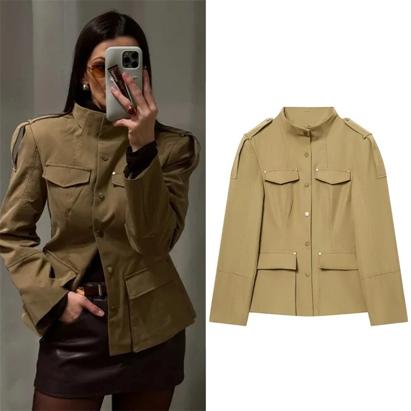 Women'S Fashion Utility Jacket - Women's Khaki Stand Collar Utility Jacket