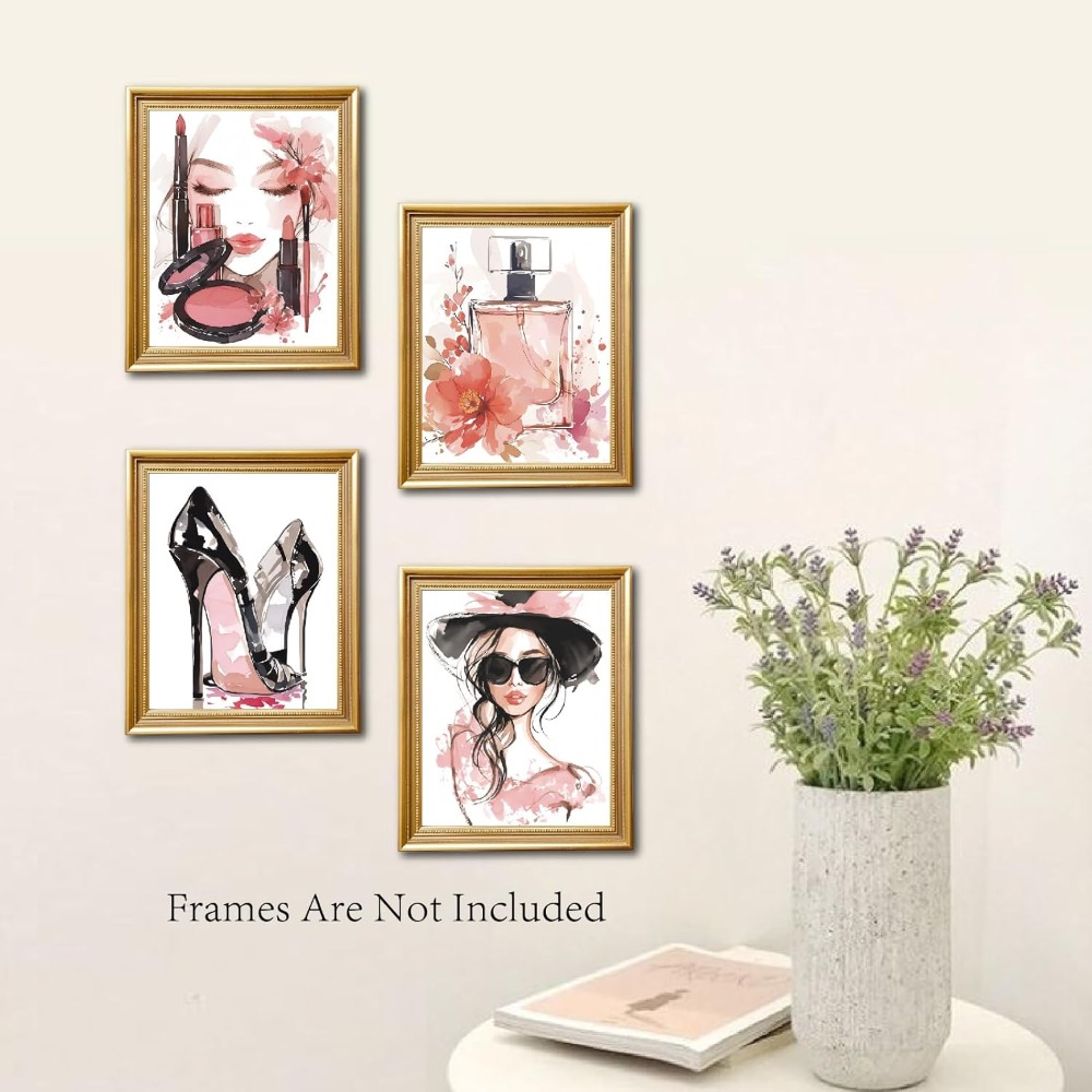 4Pcs Pink Makeup Wall Art Prin - Fashion Women Picture のレビューと価格