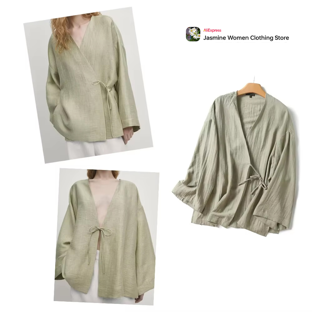 Comfy Olive Blouse with Ties L - Women'S Fashion Kimono のレビューと価格
