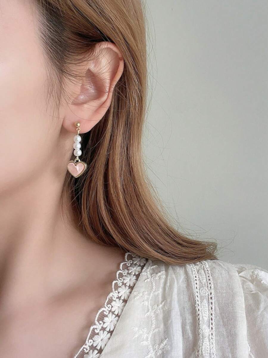 1 Pair Metal Heart & Pearl Dan - Women'S Fashion Earrings のレビューと価格
